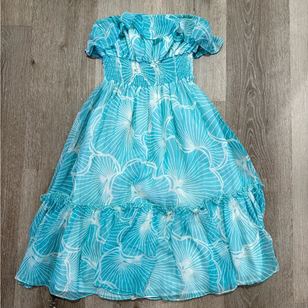 Shoshanna Small Silk Blue Floral Strapless Ruffle Dress